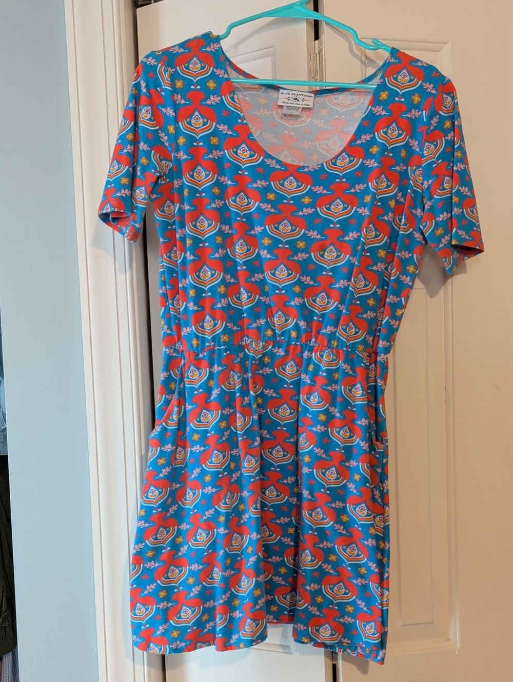 Blue Platypus Blue & Coral Patterned Women's Scoop Dress Size Large